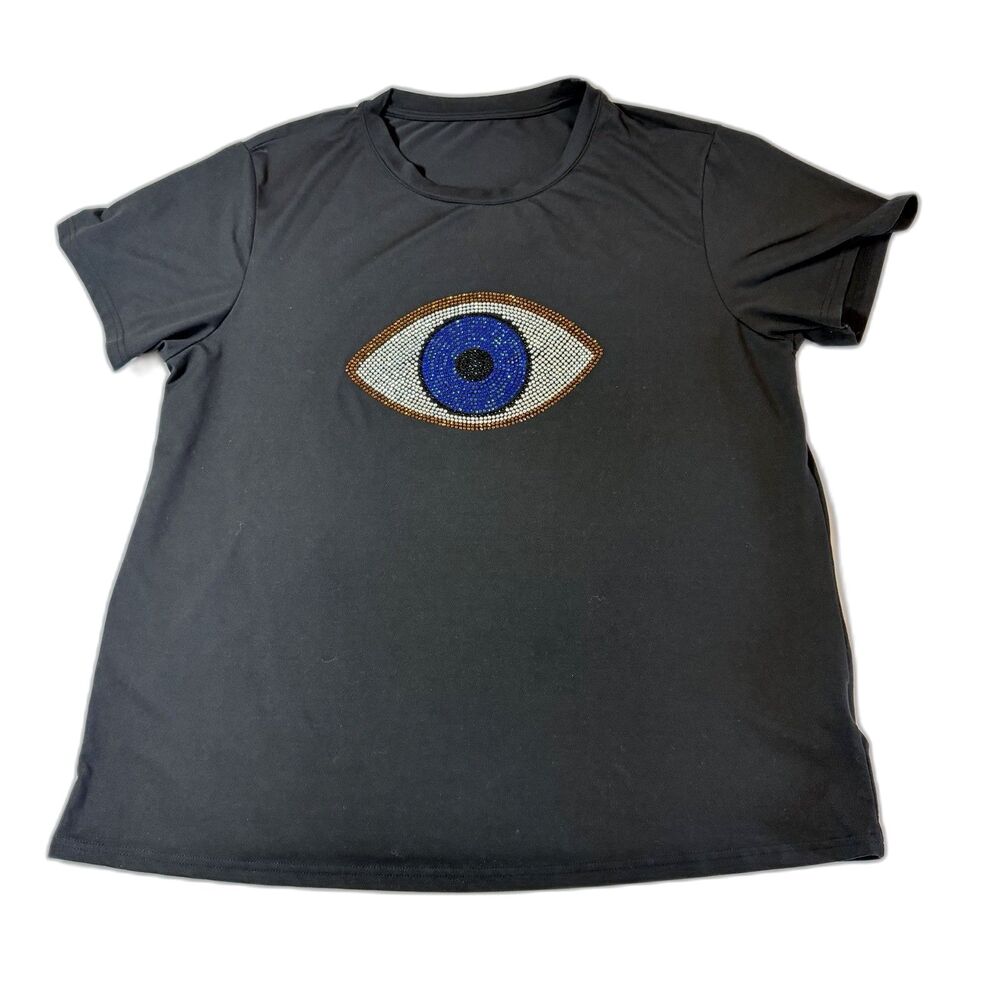 Shein Curve Women’s Plus Size 1XL Black T-Shirt Stretch Evil Eye Rhinestone